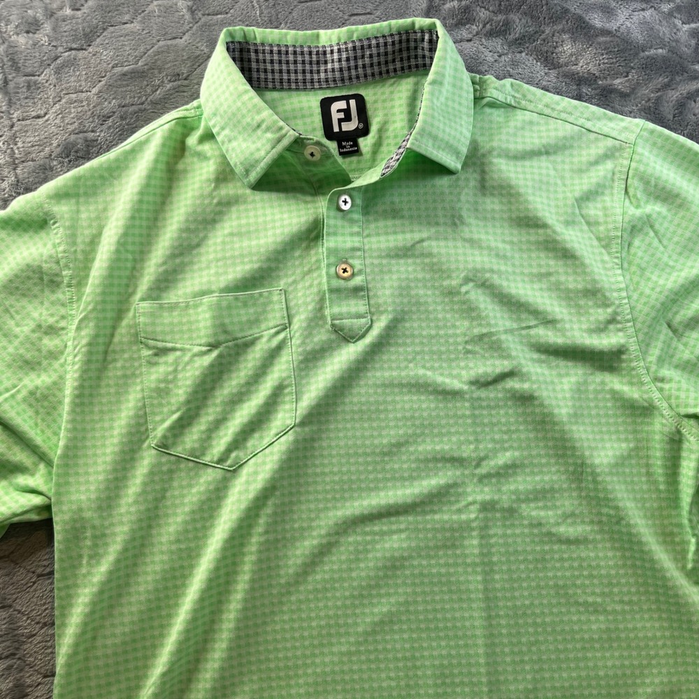 FootJoy Polo Shirt Mens Medium Lime Green Gingham Check Performance Golf Pocket